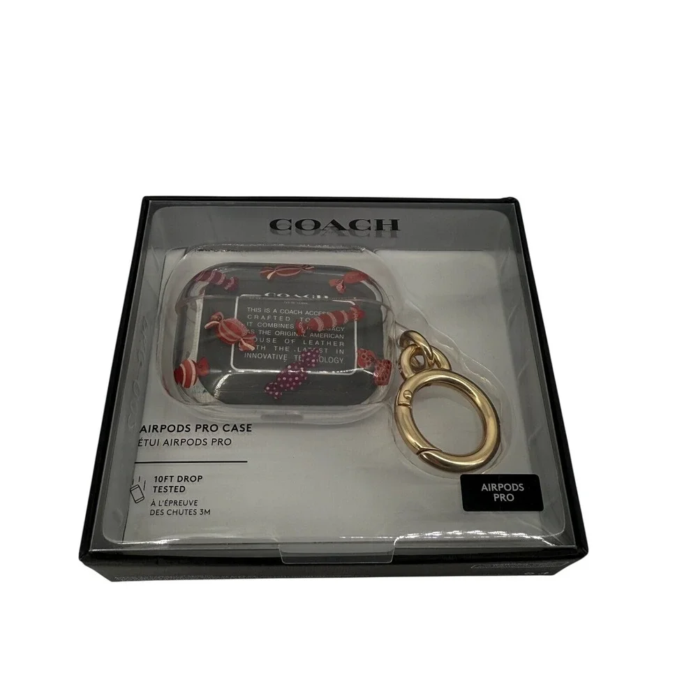 Coach AirPods Pro Case Clear Candy Print‎ Charm Keychain Gold Ring New In Box